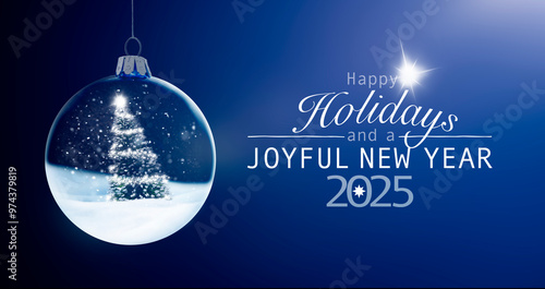 Blaue Weihnachtskugel mit Weihnachts- und Neujahrgruß Happy Holiday and a  jo...