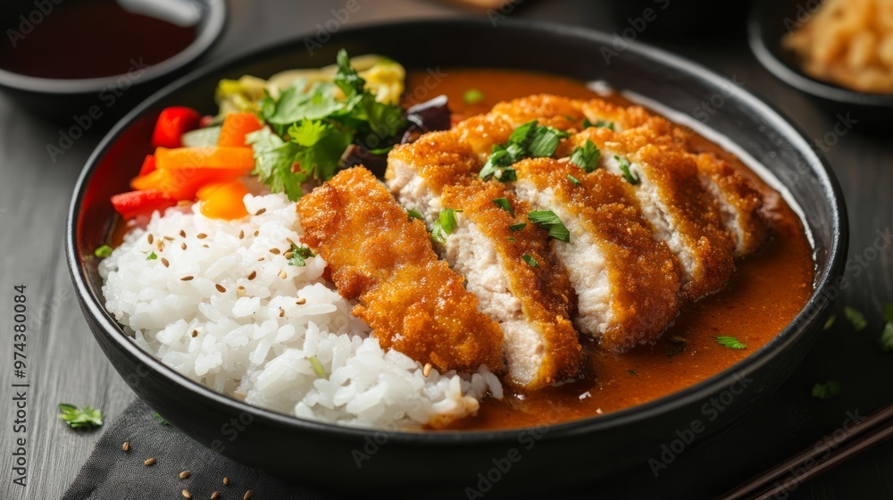 Chicken katsu curry with rice and vegetables in a deep dish - a flavorful and delicious Japanese cuisine meal for lunch or dinner. Photography Stock. Chicken katsu curry with rice and vegetables in a deep dish - a flavorful and delicious Japanese cuisine meal for lunch or dinner. Photography Stock.