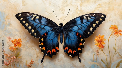 close-up of the blue emperor butterfly, papilio ulysses swallowtail, highlighting its large size, colorful wings, and exotic beauty in a tropical wildlife setting photo