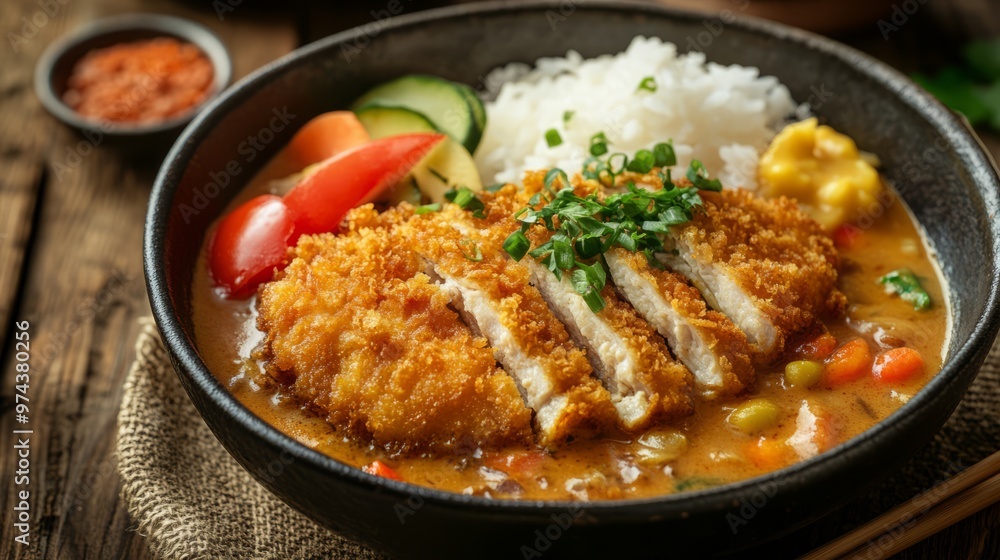 Chicken katsu curry with rice and vegetables in a deep dish - a flavorful and delicious Japanese cuisine meal for lunch or dinner. Photography Stock. Chicken katsu curry with rice and vegetables in a deep dish - a flavorful and delicious Japanese cuisine meal for lunch or dinner. Photography Stock.