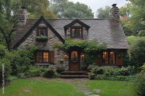 A quaint stone cottage in a lush garden