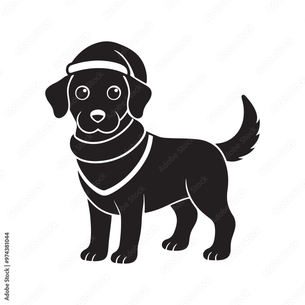 Obraz premium Christmas cute dog in Santa Hat and Scarf, silhouette vector, isolated on white background, black and white silhouette, vector and illustration