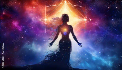 Cosmic Goddess: Meta Human Spirit Silhouette on Vibrant Galaxy Background