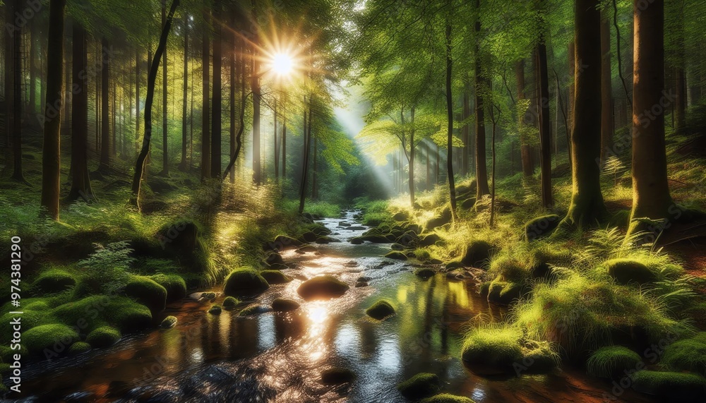 Fototapeta premium Tranquil Forest Stream with Sunrays through Lush Greenery