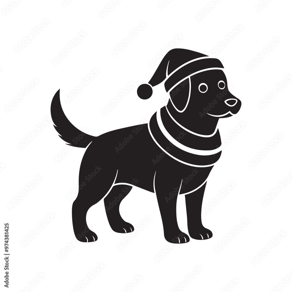 Obraz premium Christmas cute dog in Santa Hat and Scarf, silhouette vector, isolated on white background, black and white silhouette, vector and illustration