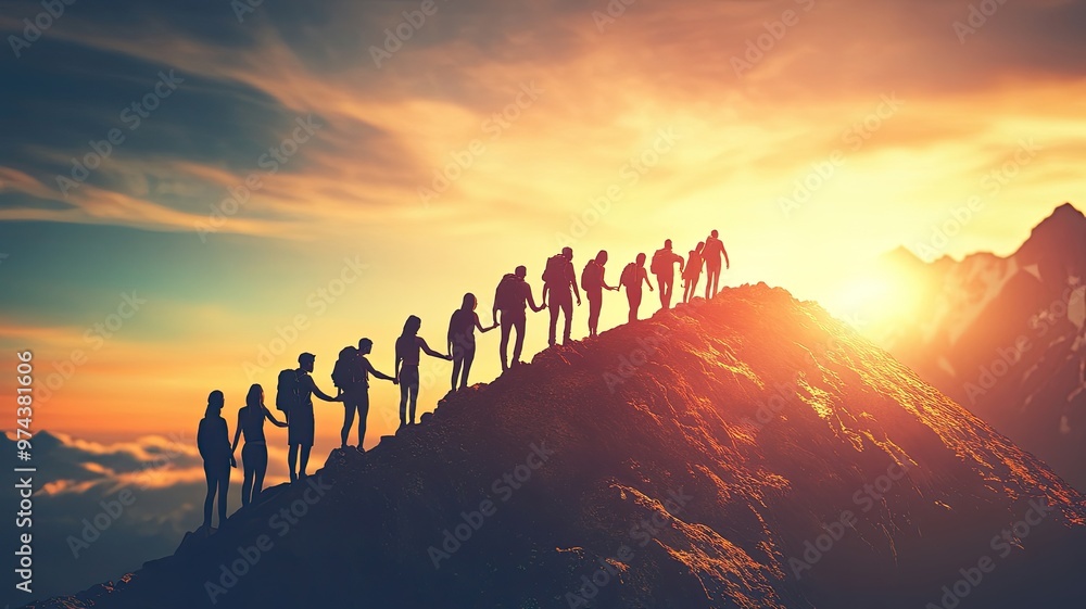 Silhouettes of people hiking on a mountain ridge at sunset Silhouettes of people hiking on a mountain ridge at sunset