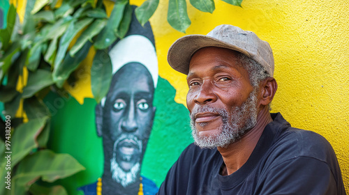 a Rastafarian elder sitting in front of a mural depicting Haile Selassie, with rich green foliage surrounding him photo