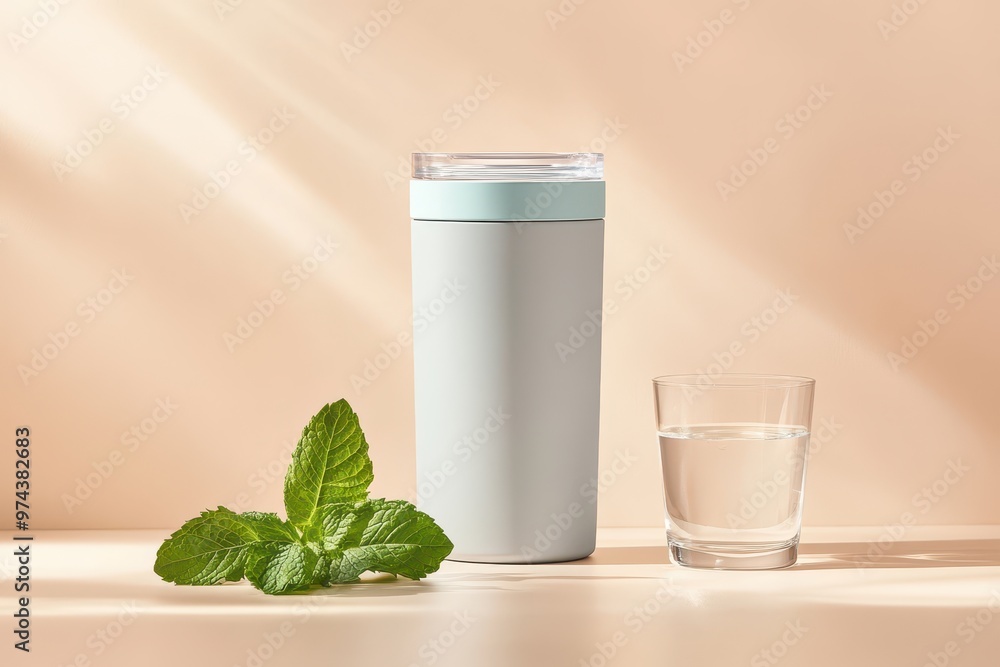 A stylish water bottle beside a glass of water and fresh mint leaves on a soft backdrop. A stylish water bottle beside a glass of water and fresh mint leaves on a soft backdrop.
