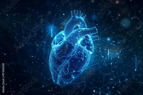 Conceptual Digital Artwork of a Glowing Human Heart Encased in a Network of Blue Luminous Nodes and Lines, Illustrating a Fusion of Biology and Technology