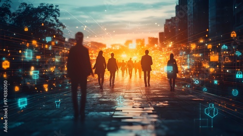 Group of people walking on a path of glowing business icons toward a bright horizon, symbolizing the future of business innovation