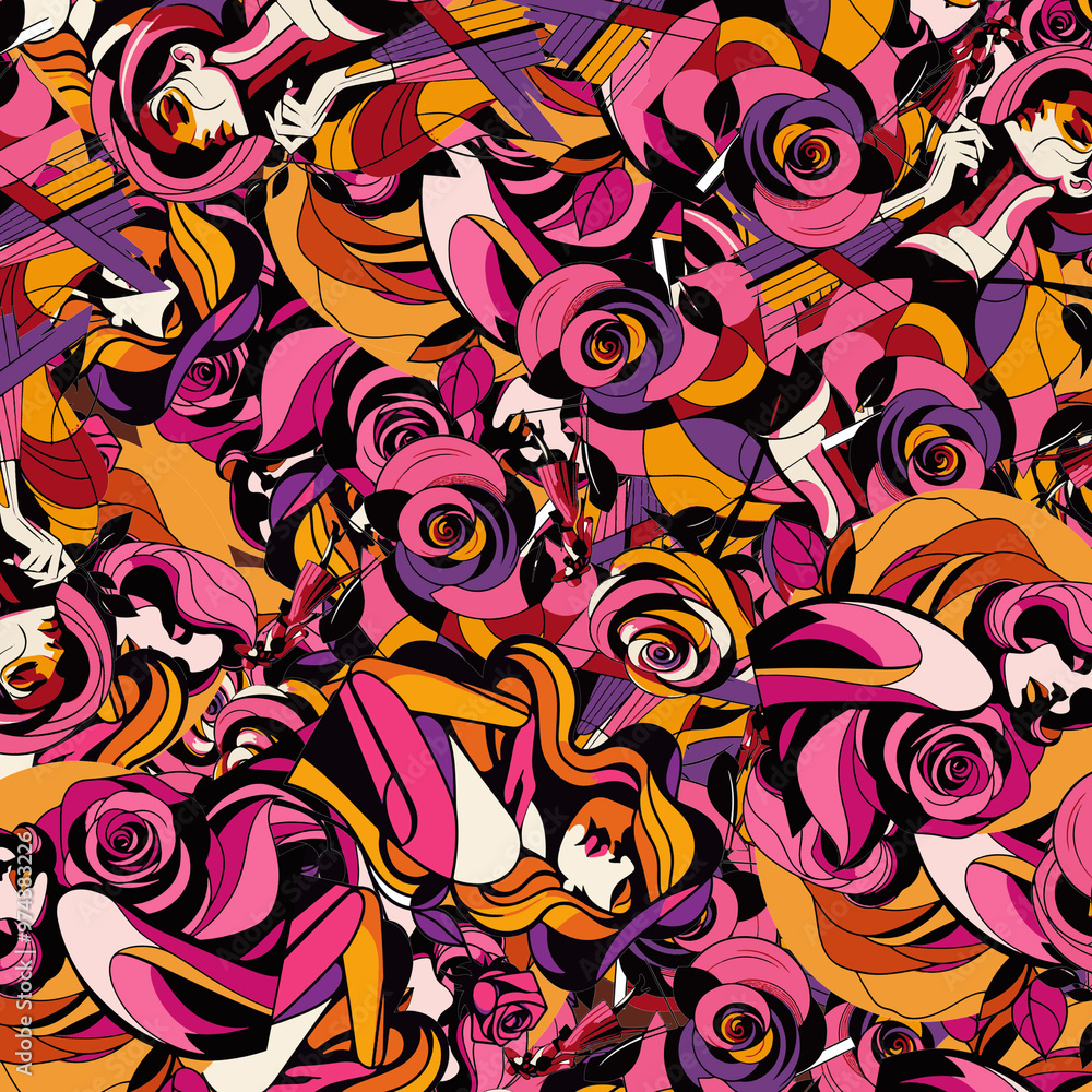 The fabric pattern features a graphic design of a woman and roses in pink, orange, and purple tones The fabric pattern features a graphic design of a woman and roses in pink, orange, and purple tones