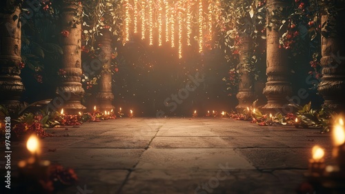 Decorated Hindu temple entrance with oil lamps, festive vibe, 3D illustration