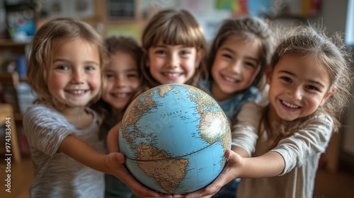 group of children with a globe, emphasizing the educational and interactive aspect of geography lessons, showcasing the unity and international learning experience