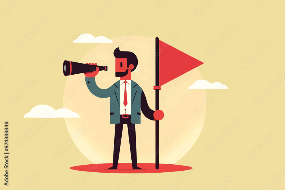 Illustration of a businessman carrying a red flag and binoculars as a symbol of success in seeking business opportunities Illustration of a businessman carrying a red flag and binoculars as a symbol of success in seeking business opportunities
