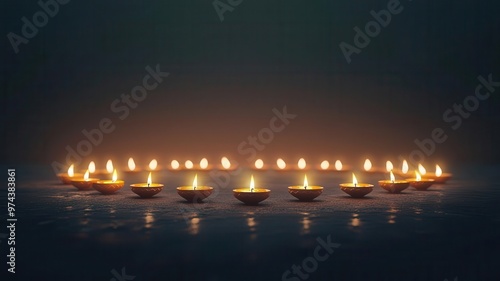 Diwali oil lamps arranged in a circular pattern, glowing softly, 3D illustration