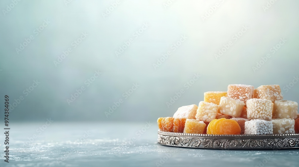 Diwali sweets displayed on an ornate silver tray, 3D illustration
