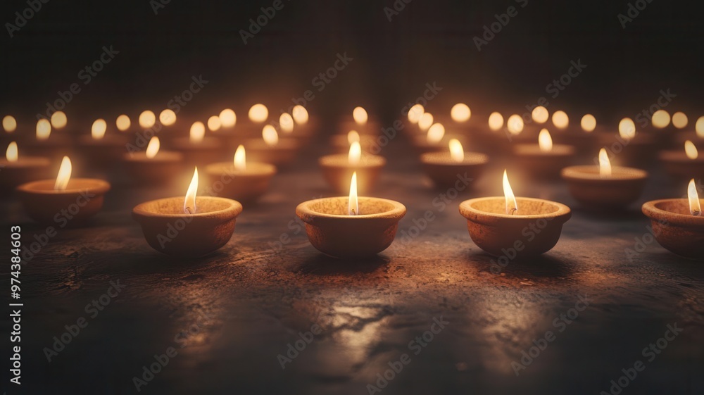 Rows of traditional clay lamps glowing softly, 3D illustration Rows of traditional clay lamps glowing softly, 3D illustration