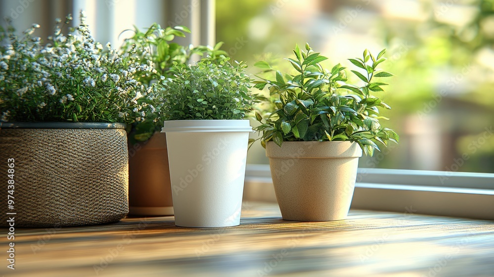 A mockup of an empty white paper coffee cup is elegantly placed on a warm beige wooden table, with soft warm light shining through, creating a serene atmosphere against a clean white background A mockup of an empty white paper coffee cup is elegantly placed on a warm beige wooden table, with soft warm light shining through, creating a serene atmosphere against a clean white background