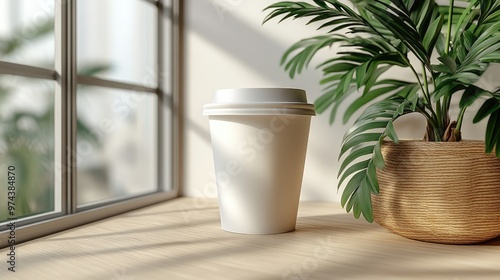 A mockup of an empty white paper coffee cup is elegantly placed on a warm beige wooden table, with soft warm light shining through, creating a serene atmosphere against a clean white background