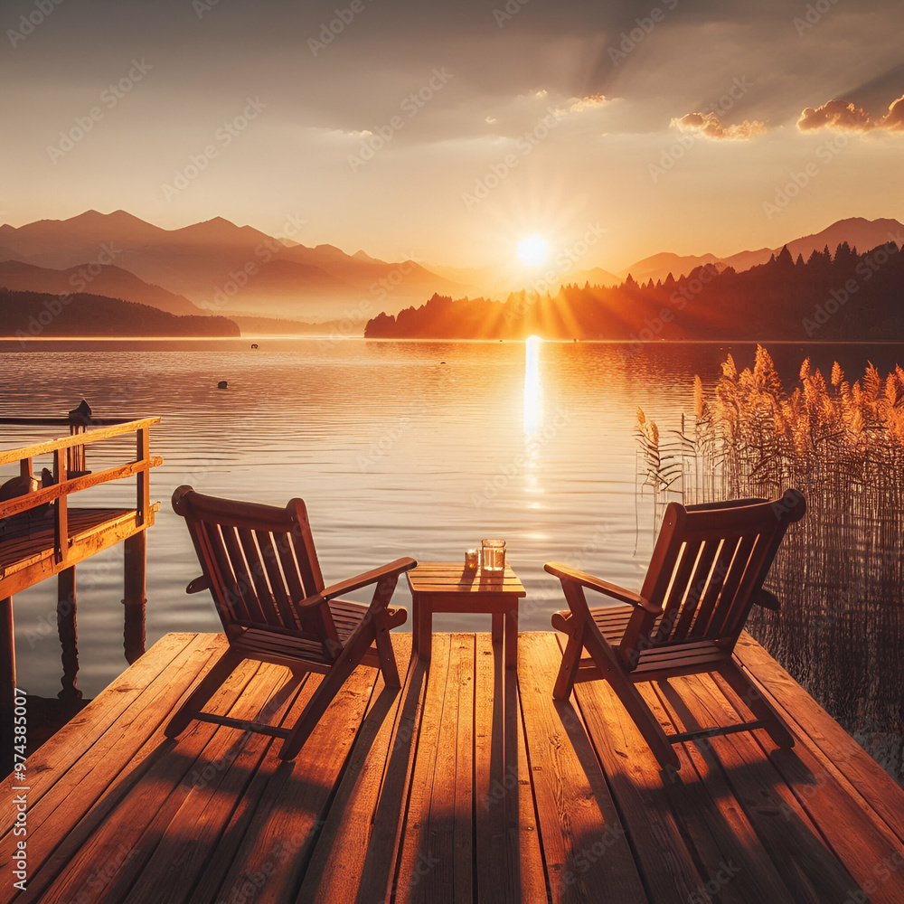 Two wooden chairs on a wood pier overlooking a lake at sunset
Two wooden chairs on a wood pier overlooking a lake at sunset