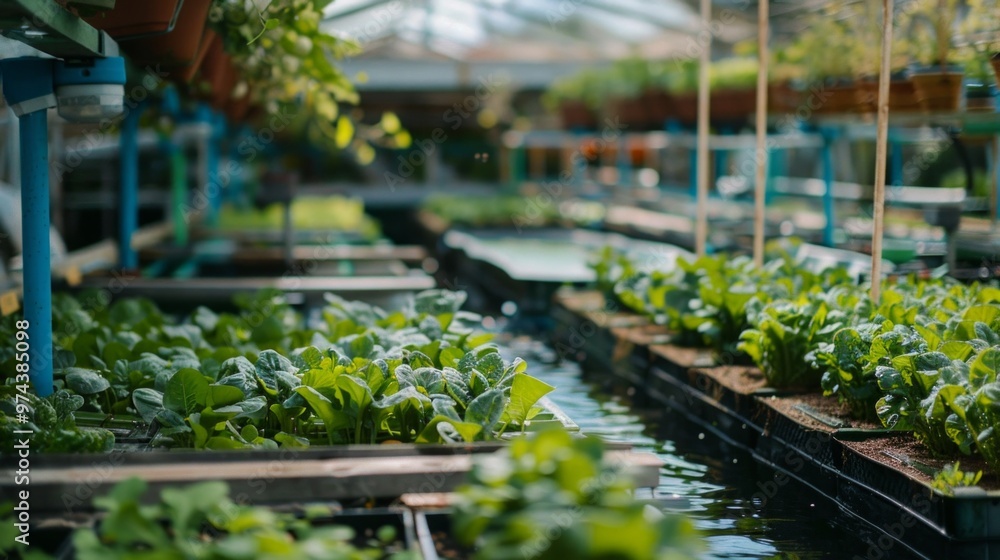 Innovative Aquaponics System in a Modern Greenhouse During Daylight Hours Innovative Aquaponics System in a Modern Greenhouse During Daylight Hours