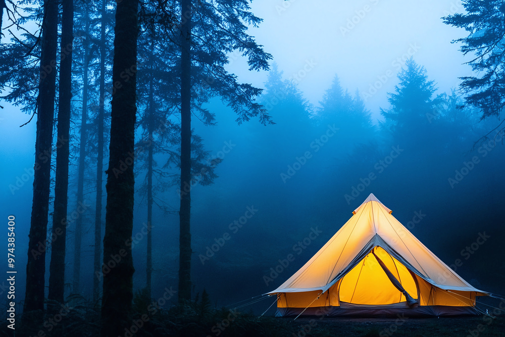 a luxurious glamping tent in the middle of a foggy forest