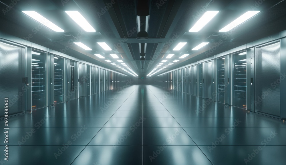A futuristic data center with rows of servers and bright overhead lights illuminating a sleek corridor The atmosphere is modern and high tech A futuristic data center with rows of servers and bright overhead lights illuminating a sleek corridor The atmosphere is modern and high tech