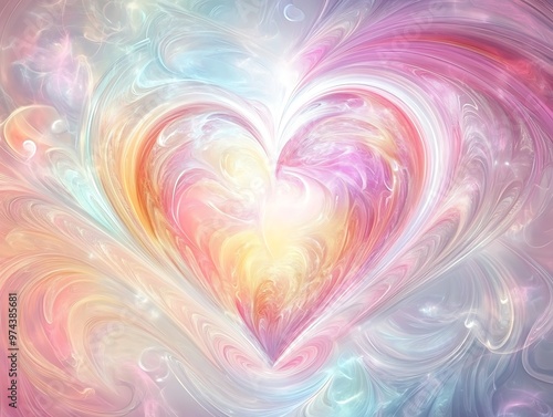 A delicate, glowing heart symbol shines brightly amidst soft, pastel hues, surrounded by gentle, swirling patterns, evoking feelings of tender romance and affection. photo