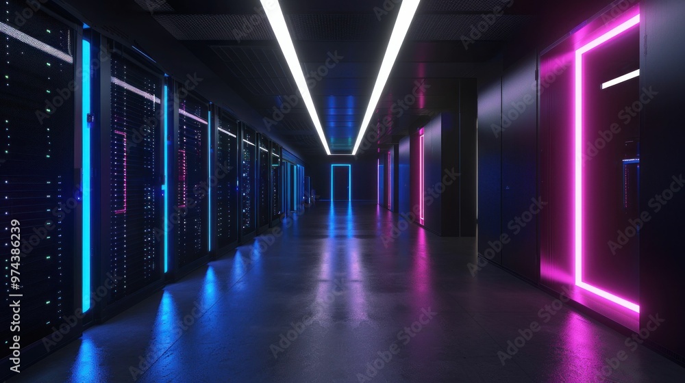Futuristic data center corridor illuminated with blue and pink lights, showcasing rows of servers on either side Modern technology ambiance Futuristic data center corridor illuminated with blue and pink lights, showcasing rows of servers on either side Modern technology ambiance