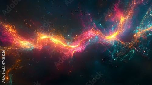 Abstract Cosmic Nebula Background with Vibrant Colors and Glowing Particles.