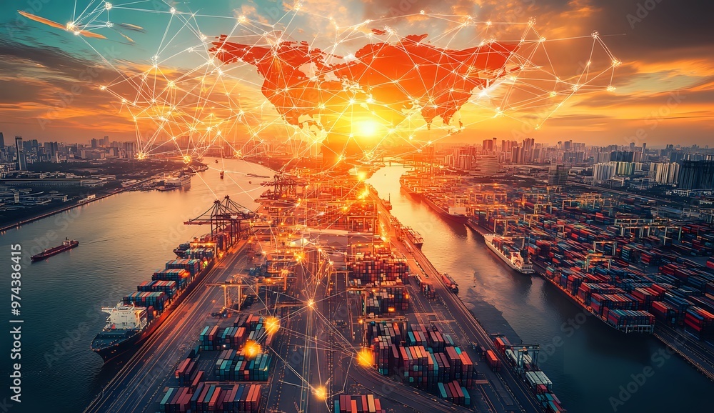Global trade and shipping network, container ships at port with sunrise and world map illustration overlay.