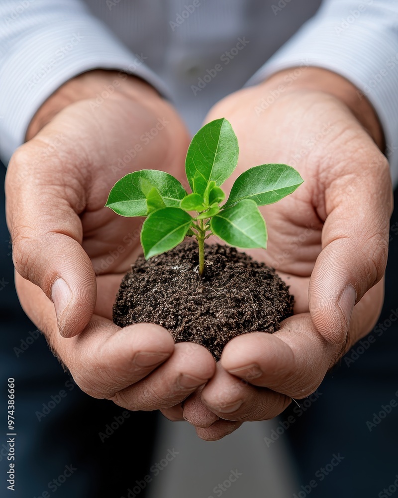 A person holding a small green plant with soil, symbolizing growth, hope, and environmental care. A person holding a small green plant with soil, symbolizing growth, hope, and environmental care.