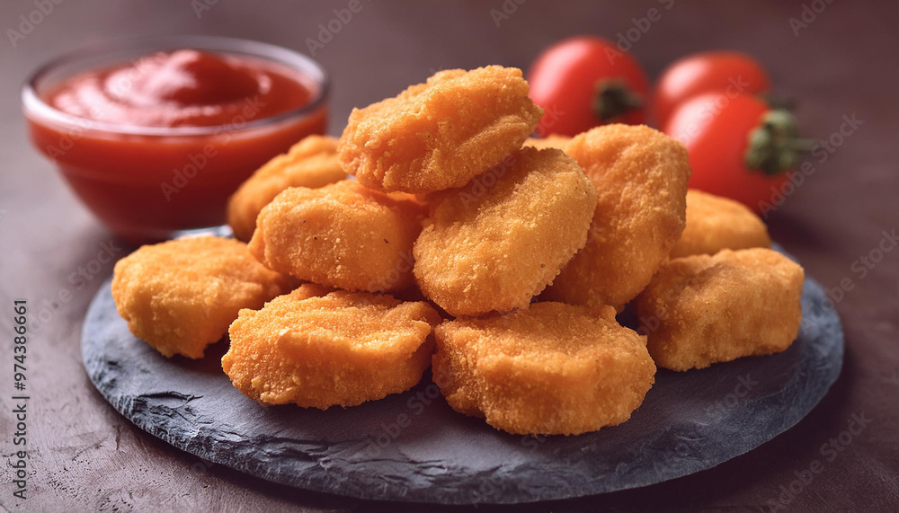 Chicken nuggets, tomato sauce. Delicious and crispy chicken meal with ketchup. Convenience food Chicken nuggets, tomato sauce. Delicious and crispy chicken meal with ketchup. Convenience food