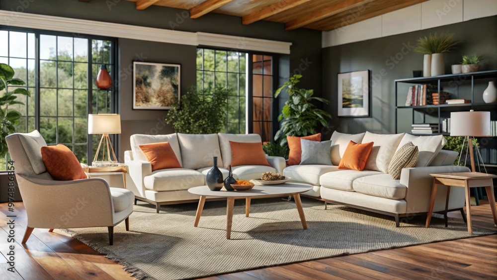 Fototapeta premium White sofa and armchairs in scandinavian style home interior design of modern living room. 