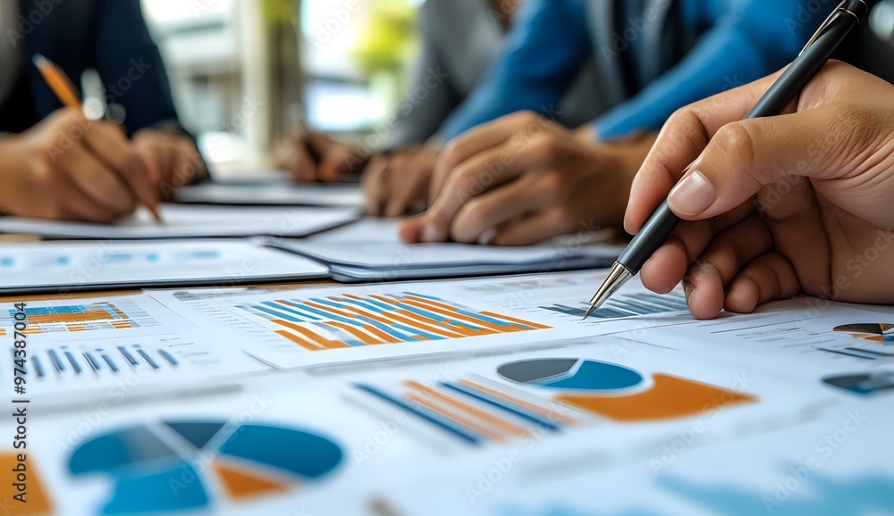 Close-up of a hand holding a pen and pointing at a financial report. Close-up of a hand holding a pen and pointing at a financial report.
