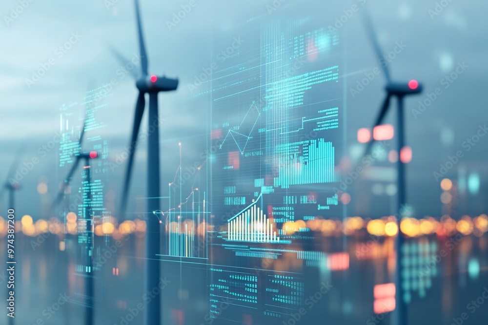 Fototapeta premium Wind turbines generating renewable energy at sunset with digital data overlay in a scenic landscape