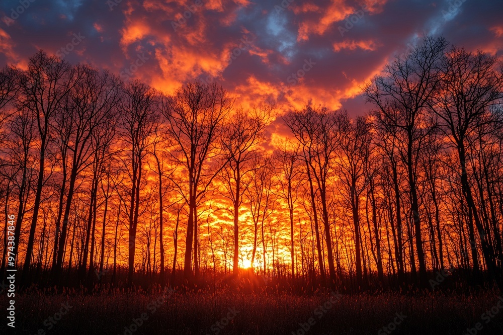 Fototapeta premium The fiery glow of a sunset behind a silhouette of trees