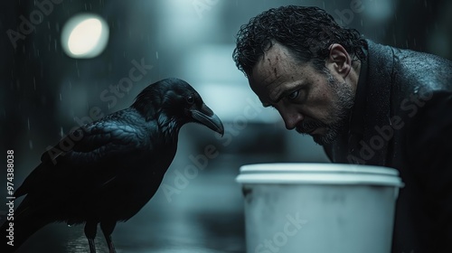 A raven interacts with a man in a rainy urban street scene. The man is seen closely observing the raven while both are near a white bucket, creating a mysterious ambiance. photo