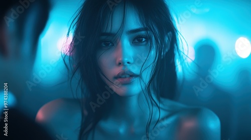 A woman with a captivating gaze set against a dreamy, neon-lit background that evokes mystery and allure, highlighting her expressive features and relaxed pose.