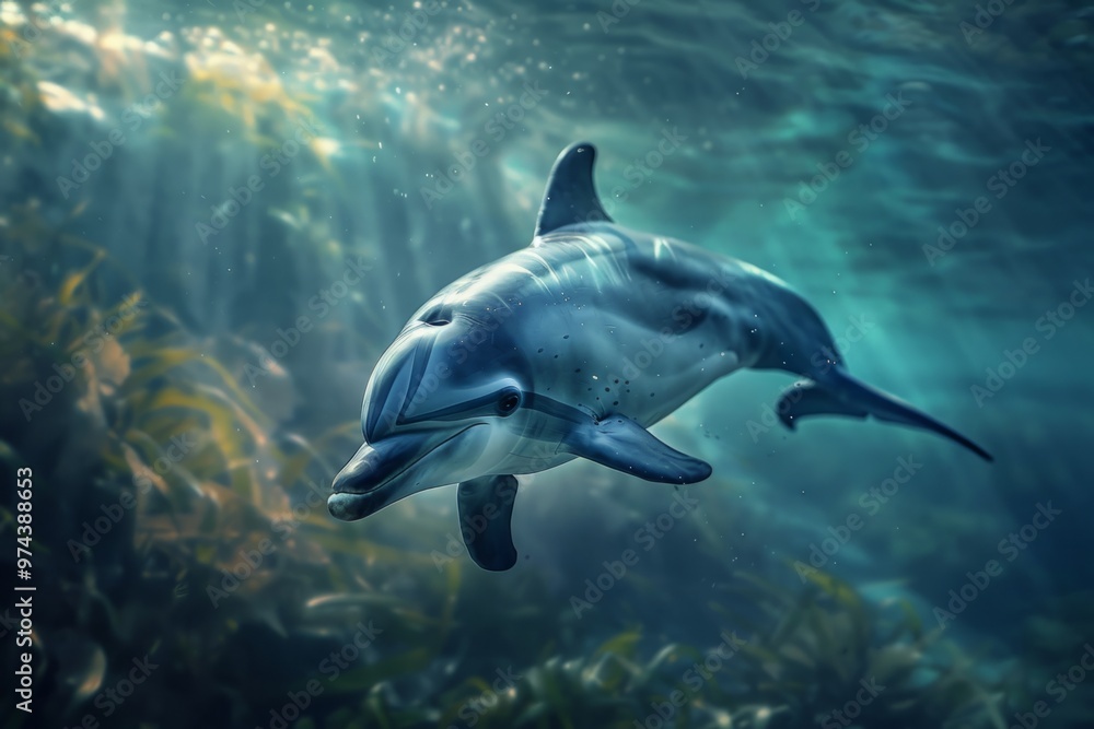 A dolphin calf, its eyes wide with wonder as it discovers the wonders of the underwater world for the first time A dolphin calf, its eyes wide with wonder as it discovers the wonders of the underwater world for the first time