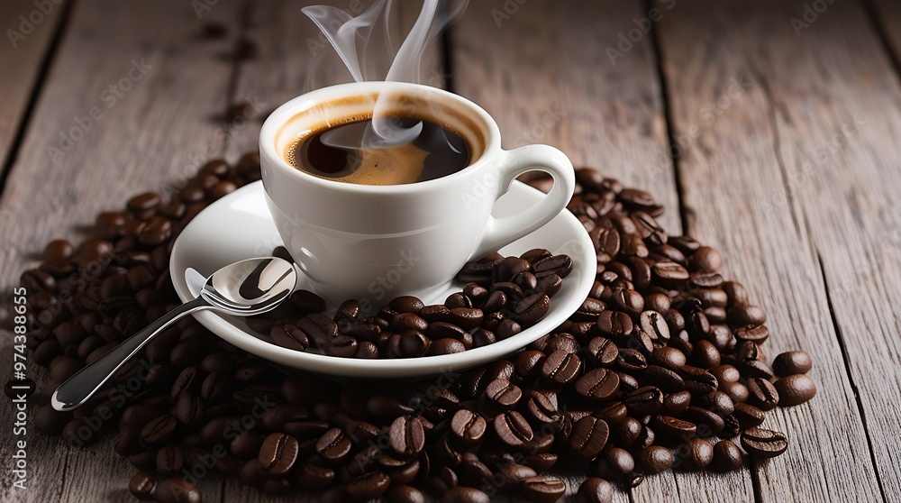 Rustic coffee scene featuring a steaming cup with latte art and scattered beans, suitable for café designs, posters, or cozy kitchen settings. Rustic coffee scene featuring a steaming cup with latte art and scattered beans, suitable for café designs, posters, or cozy kitchen settings.