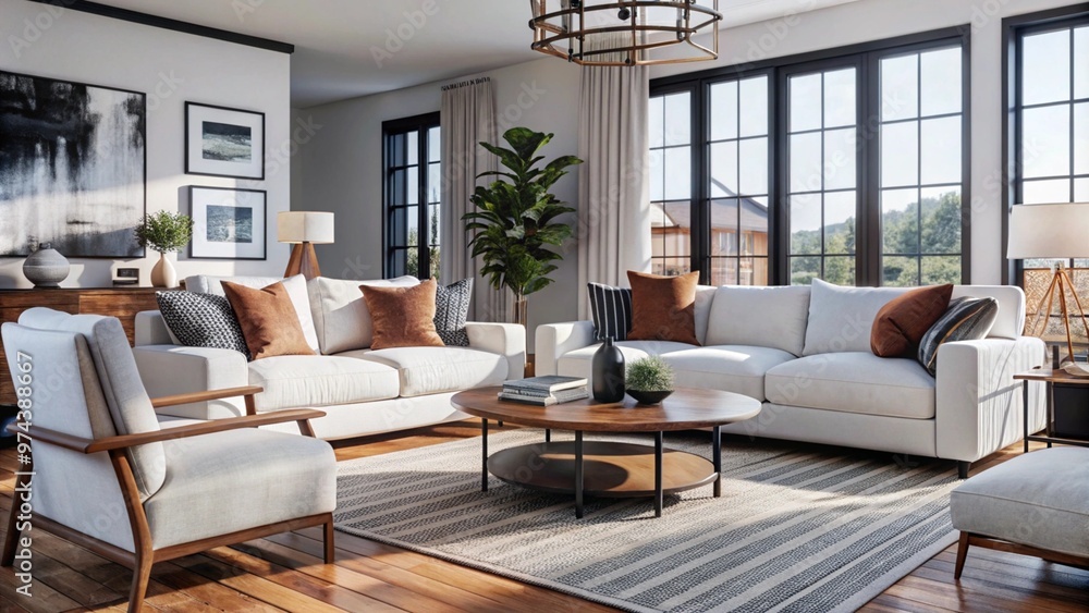 White sofa and armchairs in scandinavian style home interior design of modern living room.
White sofa and armchairs in scandinavian style home interior design of modern living room.
