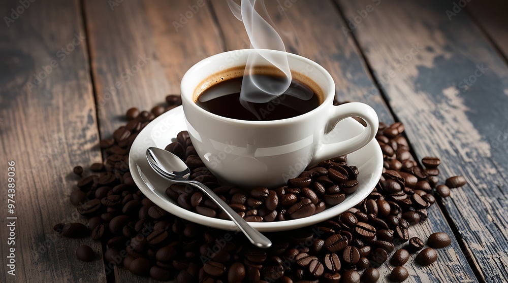 Close-up of a white cup of coffee with latte art, surrounded by scattered beans on a wooden table, ideal for coffee shop advertisements or menu designs. Close-up of a white cup of coffee with latte art, surrounded by scattered beans on a wooden table, ideal for coffee shop advertisements or menu designs.