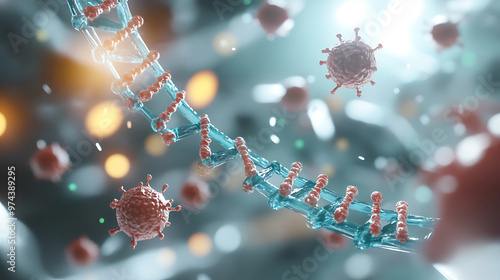 DNA strand and Cancer Cell Oncology Research Concept 3D rendering photo