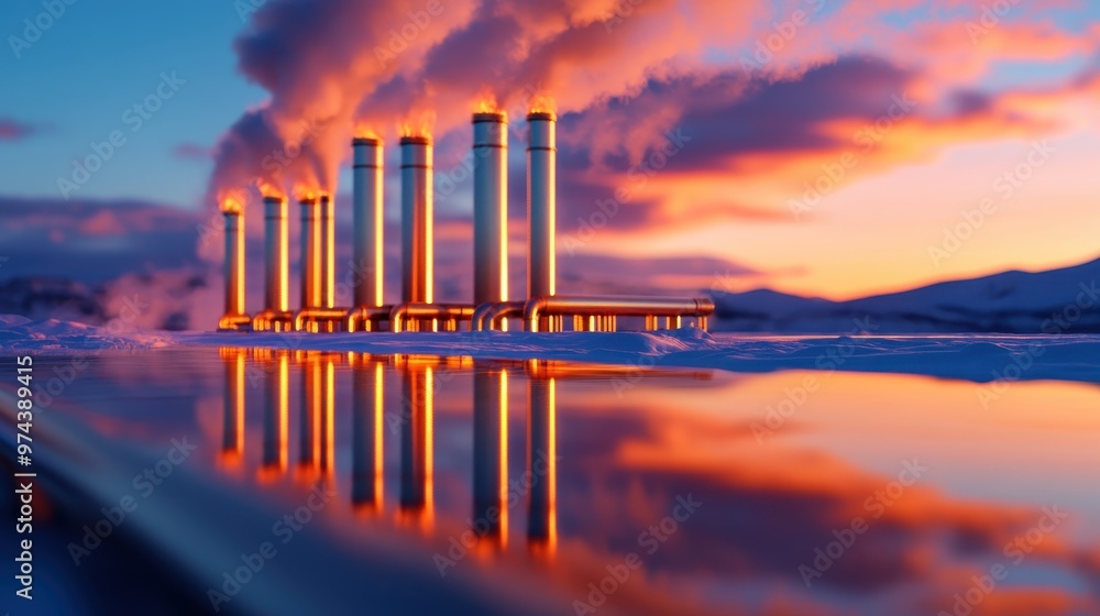 Fototapeta premium Industrial scene with smokestacks at sunset, reflecting in water, showcasing environmental impact and industrial beauty.