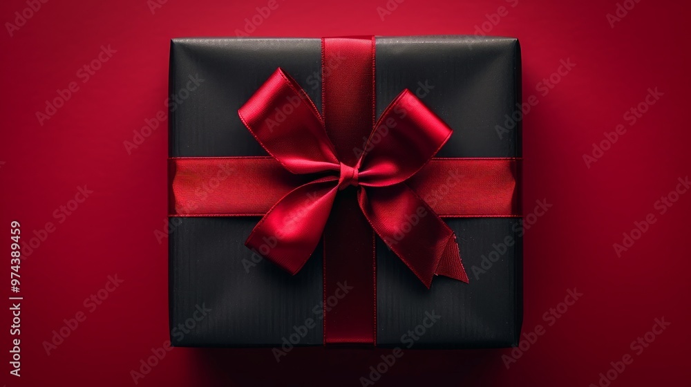 Black gift box with red ribbon on red background, top view. Black Friday concept. Black gift box with red ribbon on red background, top view. Black Friday concept.