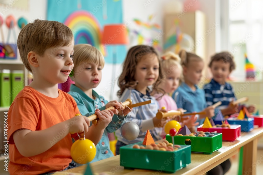 A group of children in a brightly colored classroom are playing with wooden toys and having fun together. A group of children in a brightly colored classroom are playing with wooden toys and having fun together.