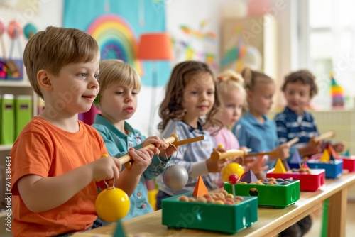 A group of children in a brightly colored classroom are playing with wooden toys and having fun together.