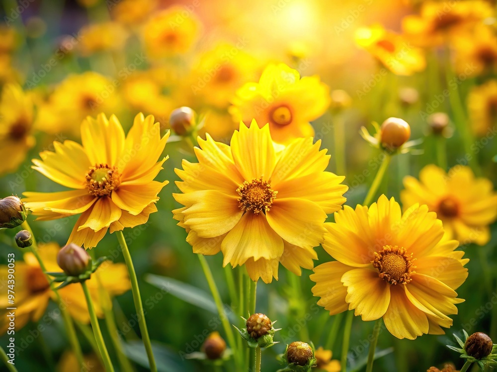 Striking Image Of Bright Yellow Coreopsis Sunray Flowers Blooming In A Garden With A Soft, Focused Background Striking Image Of Bright Yellow Coreopsis Sunray Flowers Blooming In A Garden With A Soft, Focused Background