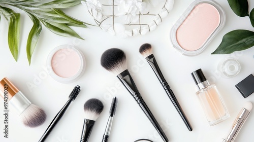 Elegant Makeup Brushes and Products on a White Background